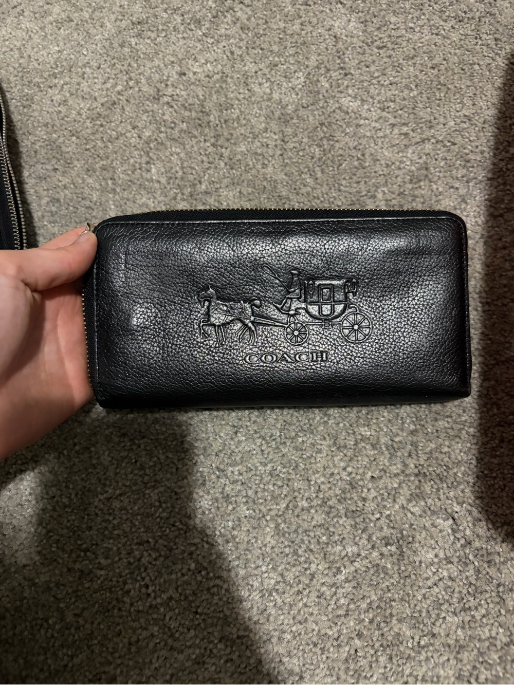 Coach Black Pebbled Leather Zip-Around Wallet with Embossed Carriage